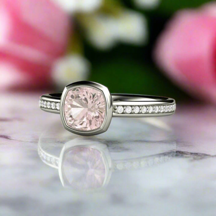 Cushion Cut Pink Sapphire Engagement Ring, Low Profile Bezel Setting, Pink Stone Engagement Ring, Minimalist design | Rare Earth Jewelry