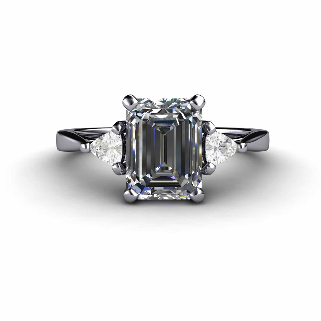 Gray Moissanite Engagement Ring Emerald Cut 3 Stone with Trillions, Rare Earth Jewelry