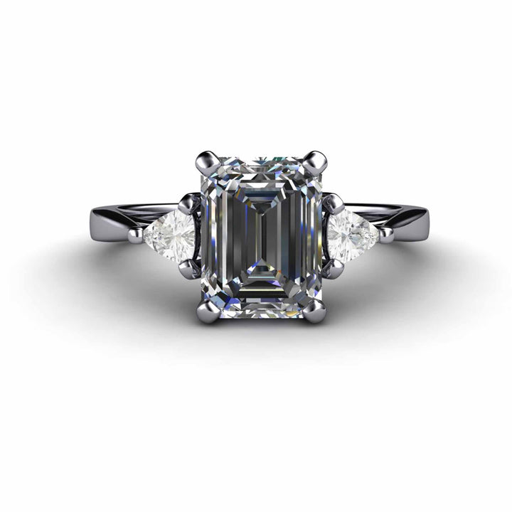 Gray Moissanite Engagement Ring Emerald Cut 3 Stone with Trillions, Rare Earth Jewelry