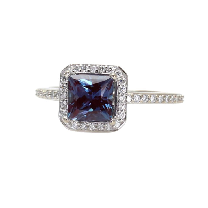 A June birthstone ring, unique engagement ring with a color changing gemstone and diamond accents in gold or platinum.