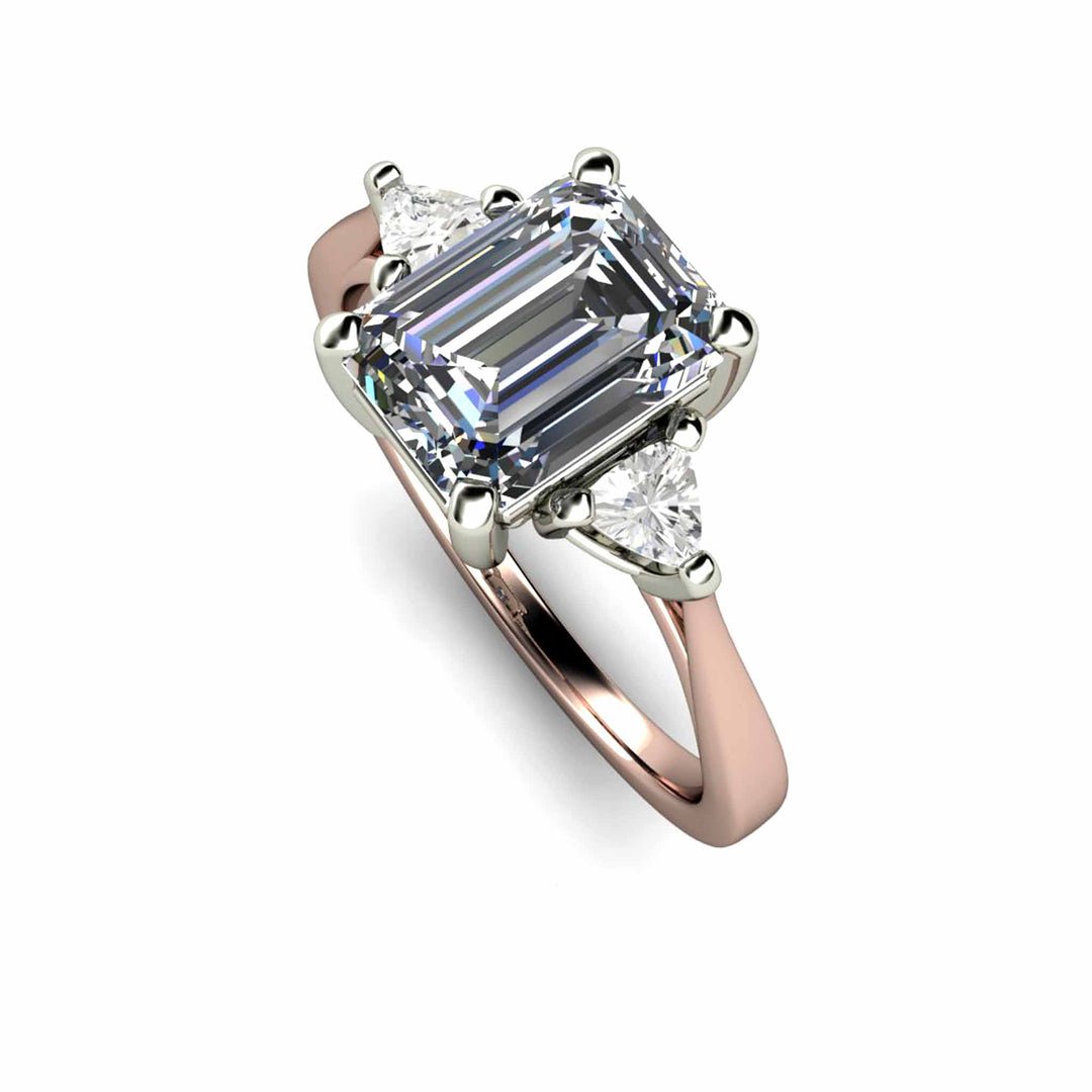 Gray Moissanite Engagement Ring Emerald Cut 3 Stone with Trillions, Rare Earth Jewelry