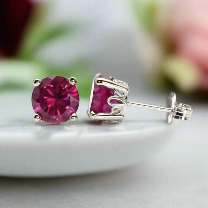 Natural Rhodolite Garnet Earrings, Round January Birthstone Studs, Red Garnet Stud Earrings in 14K Gold | Rare Earth Jewelry