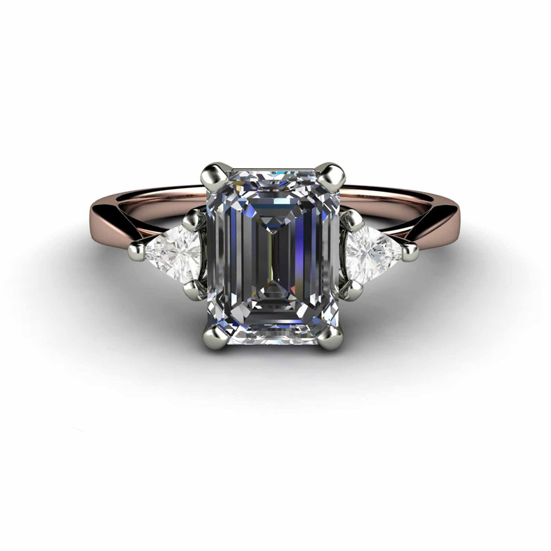 Gray Moissanite Engagement Ring Emerald Cut 3 Stone with Trillions, Rare Earth Jewelry