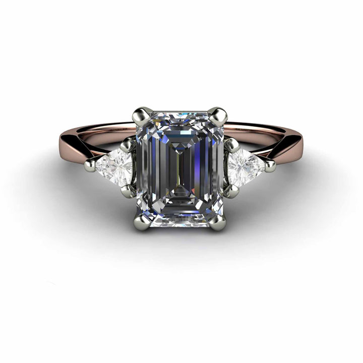 Gray Moissanite Engagement Ring Emerald Cut 3 Stone with Trillions, Rare Earth Jewelry
