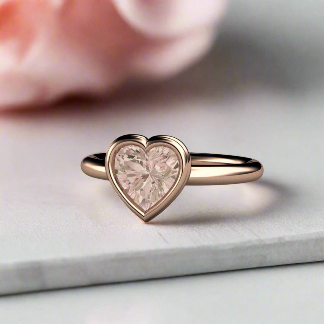 Bezel Set Morganite Engagement Ring Heart Cut Solitaire, Rare Earth Jewelry