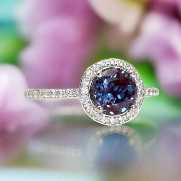 Round Alexandrite Engagement Ring with Diamond Halo, June Birthstone Ring, 14K or 18K Gold and Platinum | Rare Earth Jewelry