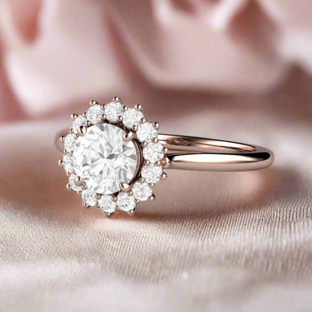 Round Natural Diamond Engagement Ring, .75ct GIA Certified Diamond, Vintage Inspired Design Cluster Halo in 14K or 18K Gold and Platinum | Rare Earth Jewelry