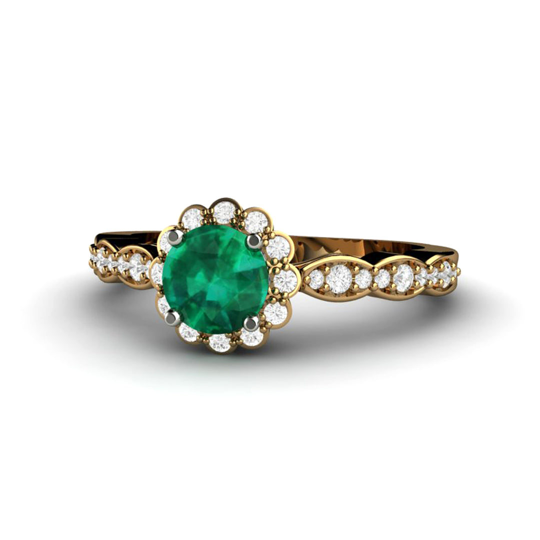 Vintage Inspired Emerald Engagement Ring Diamond Halo and Dainty Scalloped Band, Rare Earth Jewelry