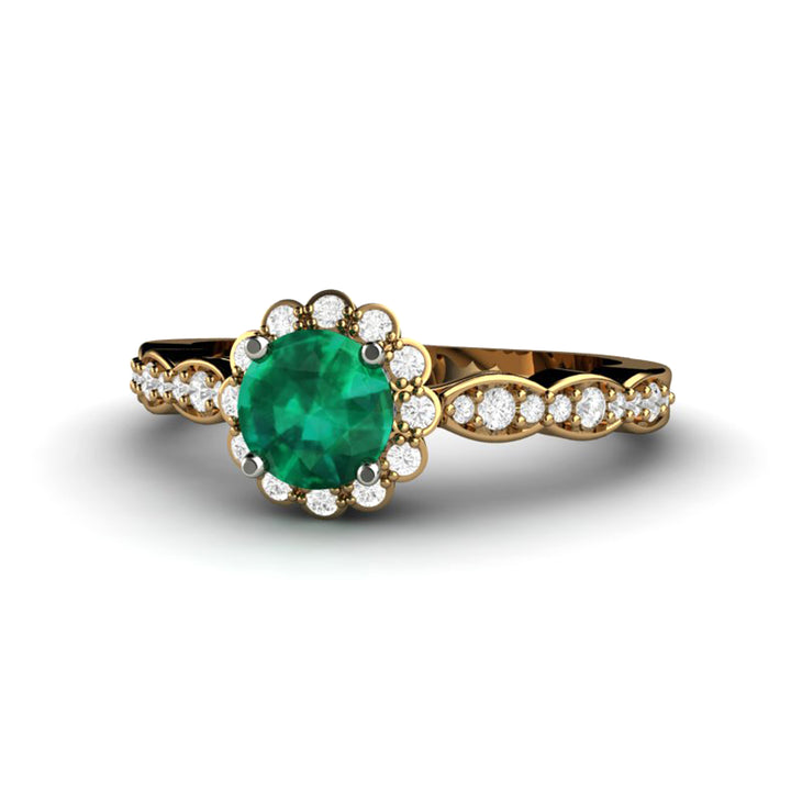 Vintage Inspired Emerald Engagement Ring Diamond Halo and Dainty Scalloped Band, Rare Earth Jewelry