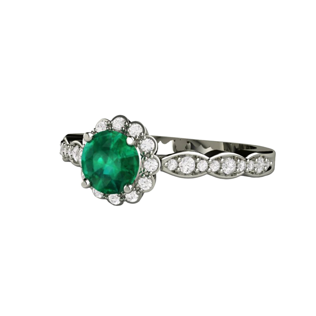 Vintage Inspired Emerald Engagement Ring Diamond Halo and Dainty Scalloped Band, Rare Earth Jewelry