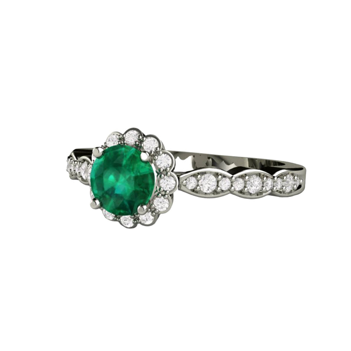 Vintage Inspired Emerald Engagement Ring Diamond Halo and Dainty Scalloped Band, Rare Earth Jewelry