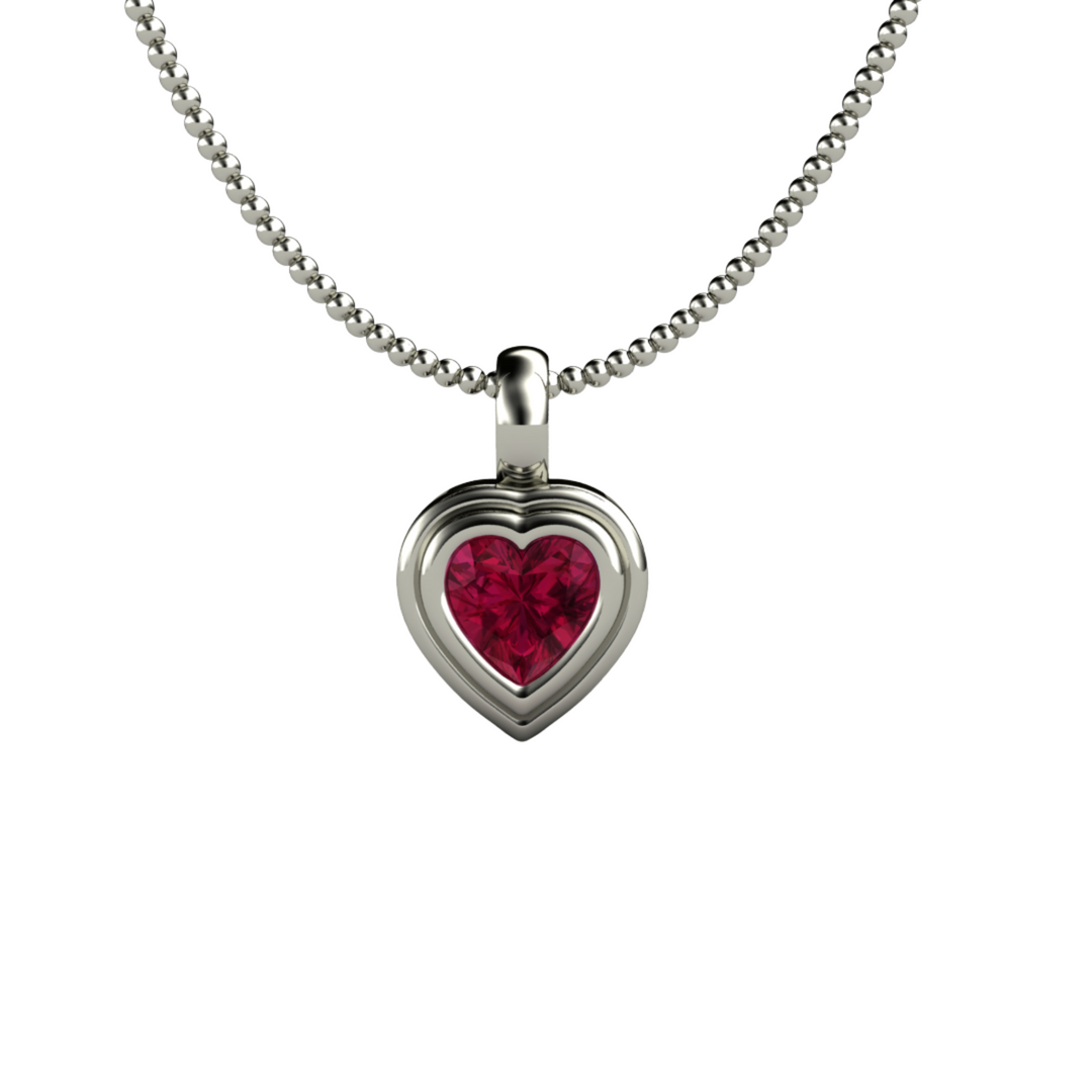 Gold Ruby Necklace, Heart Shaped Ruby Pendant in 14K White Gold