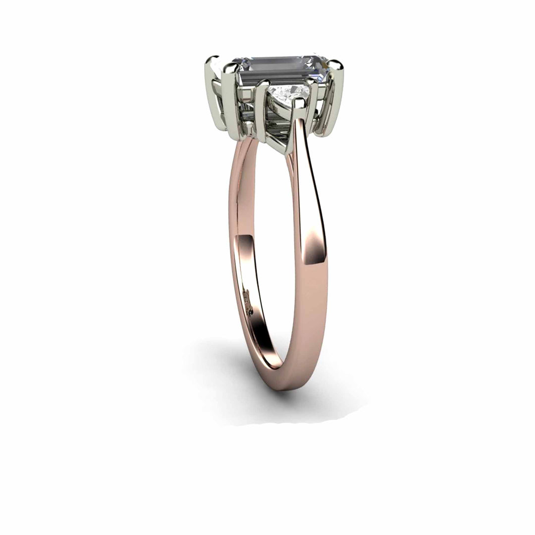 Gray Moissanite Engagement Ring Emerald Cut 3 Stone with Trillions, Rare Earth Jewelry