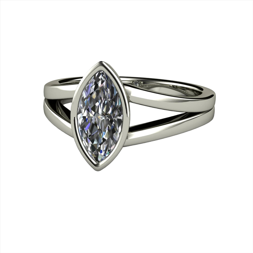 Marquise Cut Moissanite Engagement Ring | Bezel Set Split Shank Solitaire, Rare Earth Jewelry
