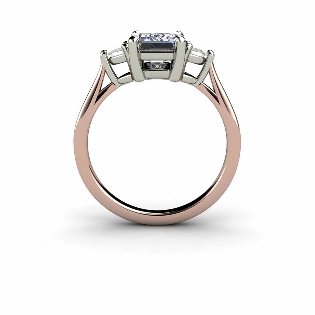 Gray Moissanite Engagement Ring Emerald Cut 3 Stone with Trillions, Rare Earth Jewelry