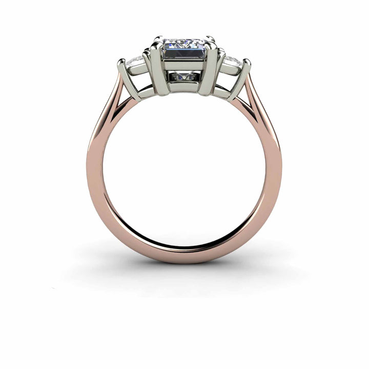 Gray Moissanite Engagement Ring Emerald Cut 3 Stone with Trillions, Rare Earth Jewelry