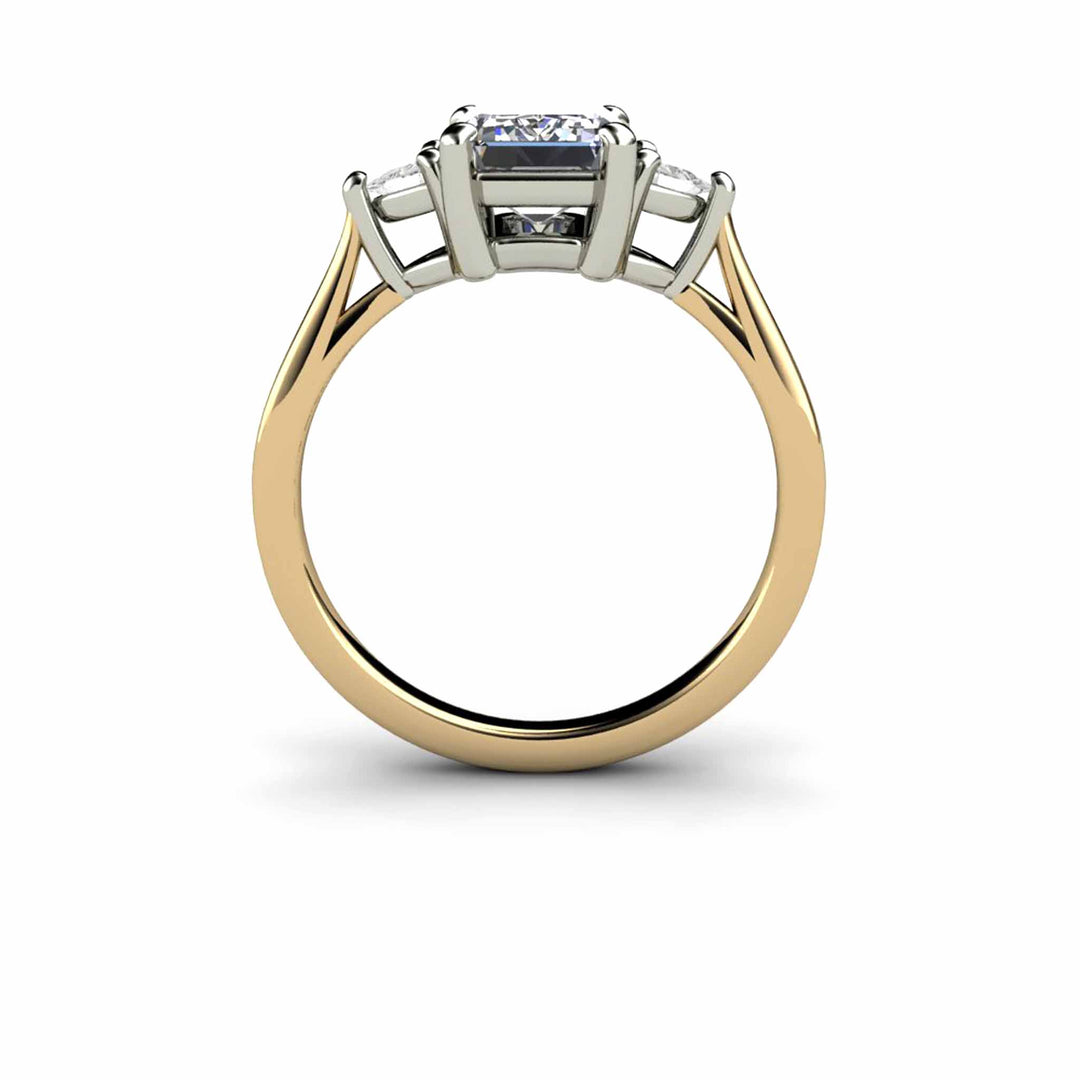 Gray Moissanite Engagement Ring Emerald Cut 3 Stone with Trillions, Rare Earth Jewelry