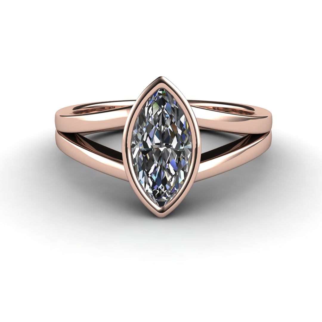 Marquise Cut Moissanite Engagement Ring | Bezel Set Split Shank Solitaire, Rare Earth Jewelry