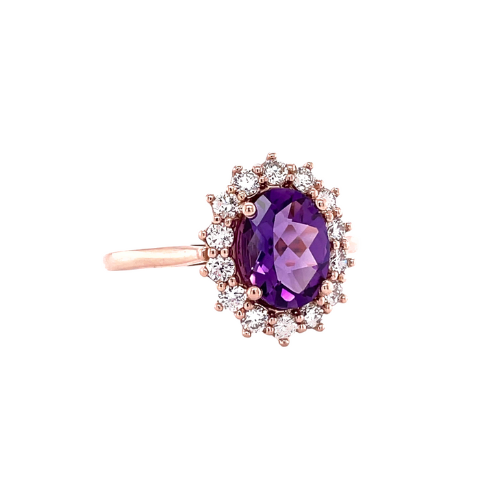 Vintage Inspired Amethyst and Diamond Ring | Oval Amethyst with Diamond Halo, Rare Earth Jewelry