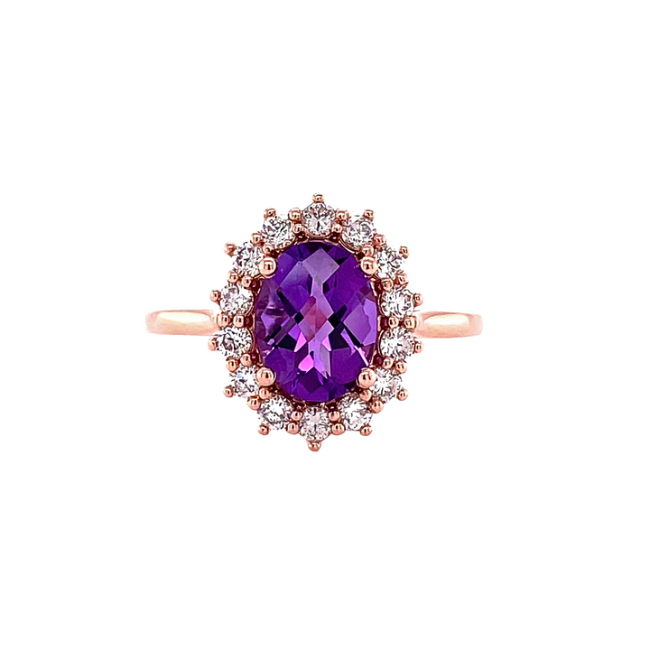 Vintage Inspired Amethyst and Diamond Ring | Oval Amethyst with Diamond Halo, Rare Earth Jewelry