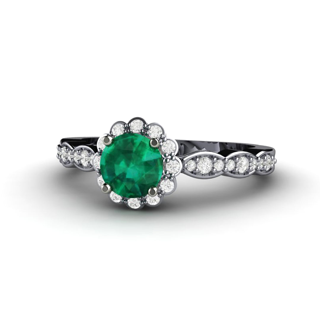 Vintage Inspired Emerald Engagement Ring Diamond Halo and Dainty Scalloped Band, Rare Earth Jewelry