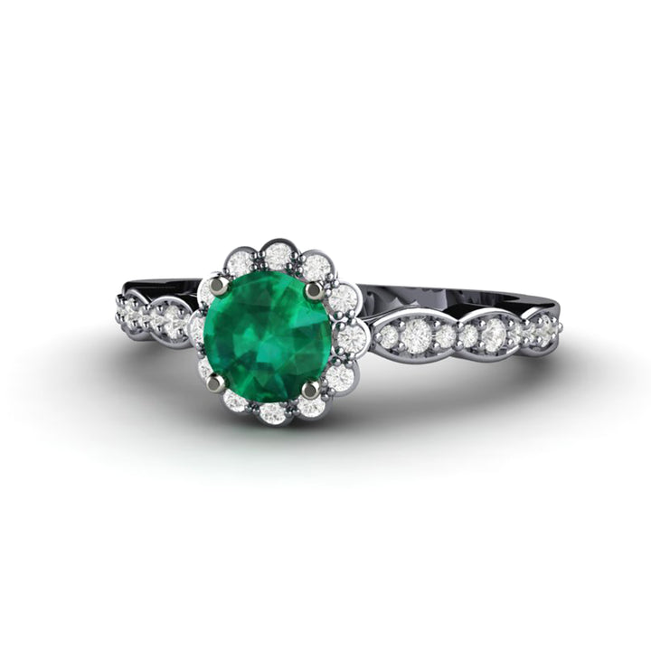 Vintage Inspired Emerald Engagement Ring Diamond Halo and Dainty Scalloped Band, Rare Earth Jewelry