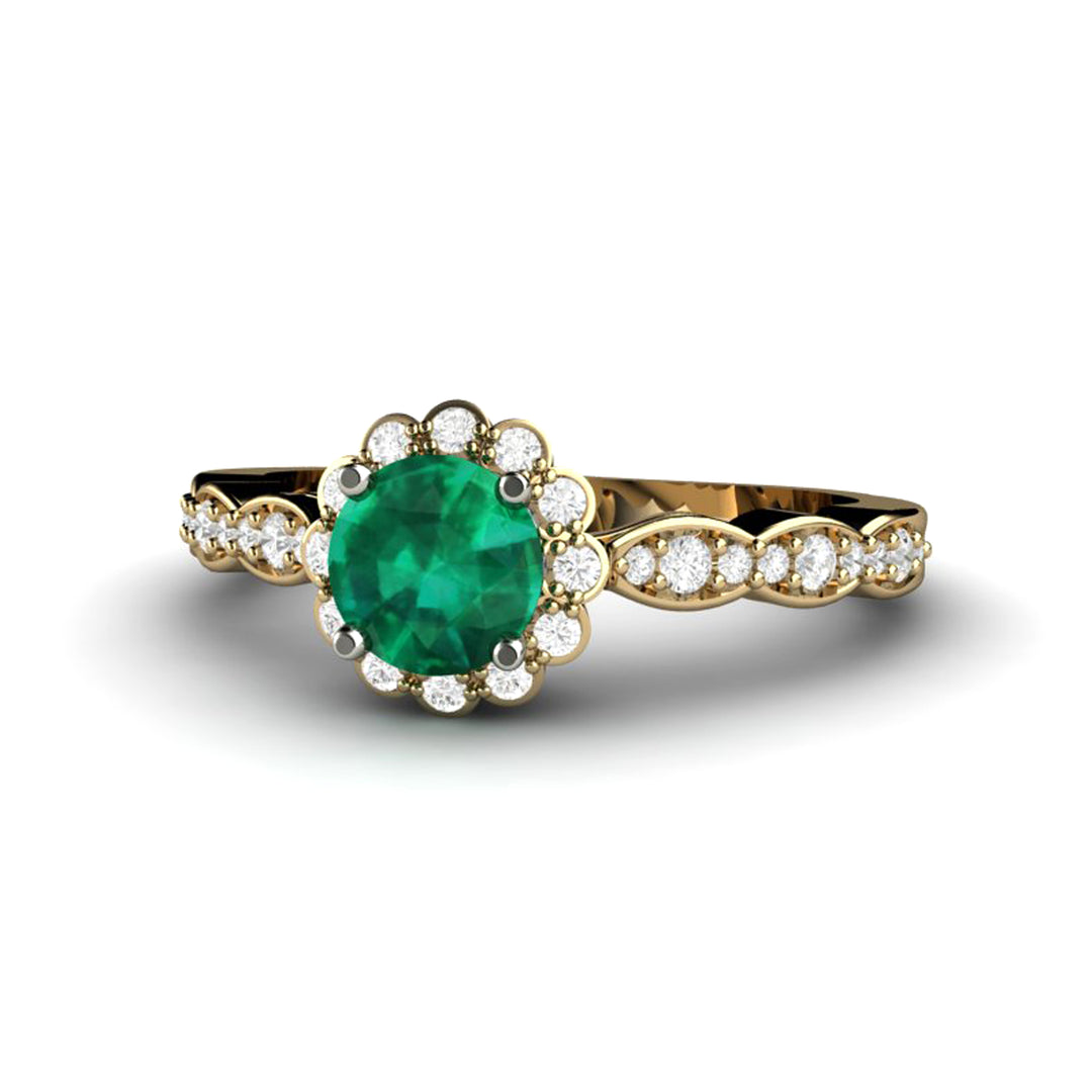 Vintage Inspired Emerald Engagement Ring Diamond Halo and Dainty Scalloped Band, Rare Earth Jewelry
