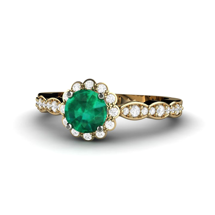 Vintage Inspired Emerald Engagement Ring Diamond Halo and Dainty Scalloped Band, Rare Earth Jewelry