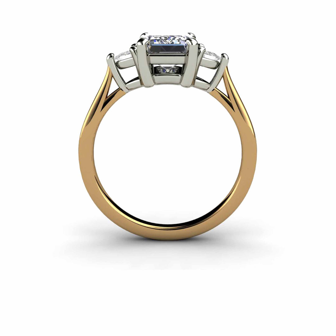 Gray Moissanite Engagement Ring Emerald Cut 3 Stone with Trillions, Rare Earth Jewelry