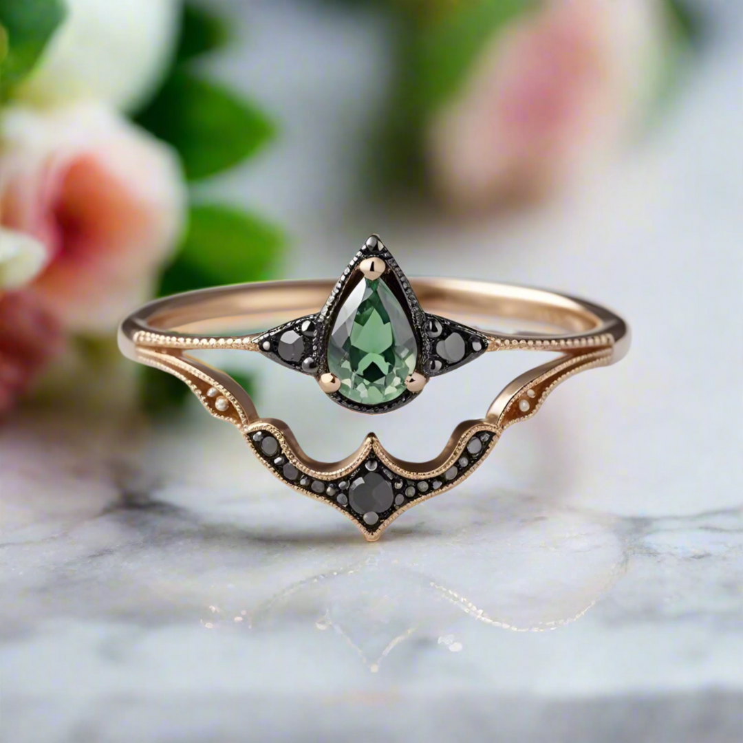 Alexandrite Tiara Ring, Black Diamond Alexandrite Engagement Ring, Color Change Alexandrite Ring, Unique Antique Style Alexandrite Ring, Alexandrite and Black Diamond Wedding Ring, Pear Cut Alexandrite Ring, Dramatic Black Rhodium Rose Gold Ring | Rare Earth Jewelry