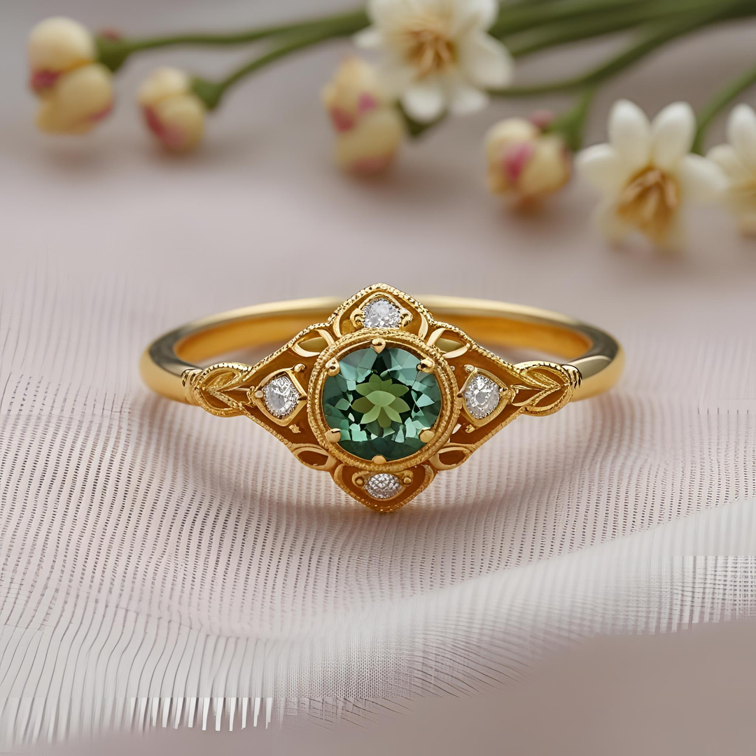 Alexandrite lace ring with vintage-inspired openwork, diamond accents, milgrain details, and romantic Edwardian craftsmanship. Unique Custom Engagement Rings | Rare Earth Jewelry