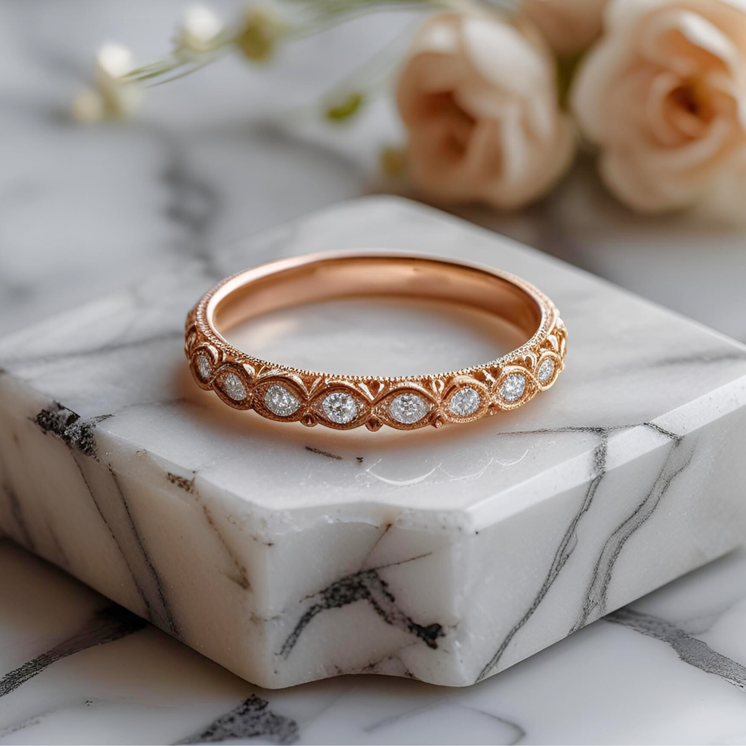 Antique Inspired Diamond Wedding Band, Vintage Diamond Anniversary Band, Scalloped Milgrain Diamond Ring, Diamond Stacking Band for Engagement Ring, Feminine Vintage Wedding Ring, Unique Custom Wedding Rings | Rare Earth Jewelry