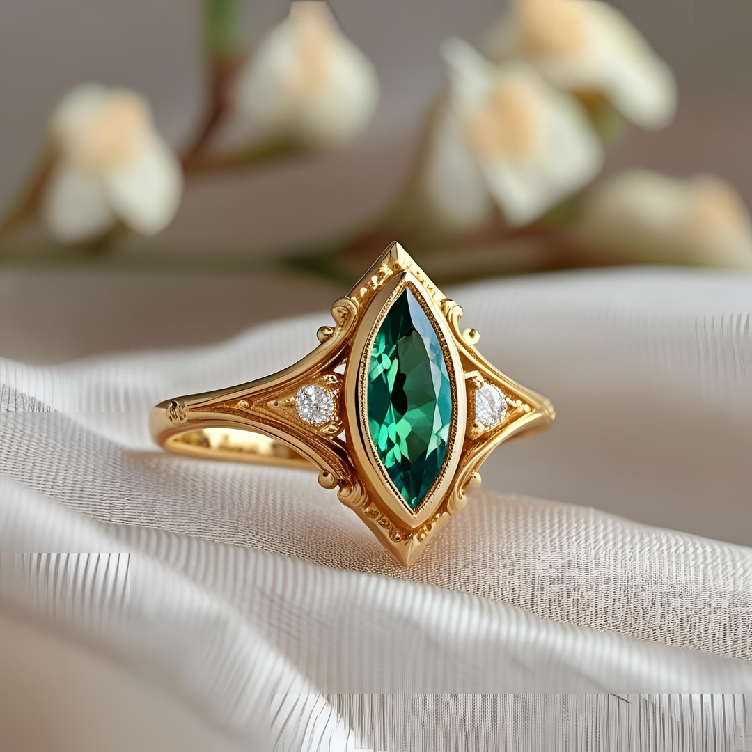 Antique Inspired Emerald Ring, Lab Grown Marquise Emerald Ring, Bezel Set Emerald with Diamonds, Vintage Emerald Engagement Ring, Scrollwork Emerald Ring, Green Marquise Emerald Diamond Ring, Unique Antique Style Emerald Jewelry | Rare Earth Jewelry