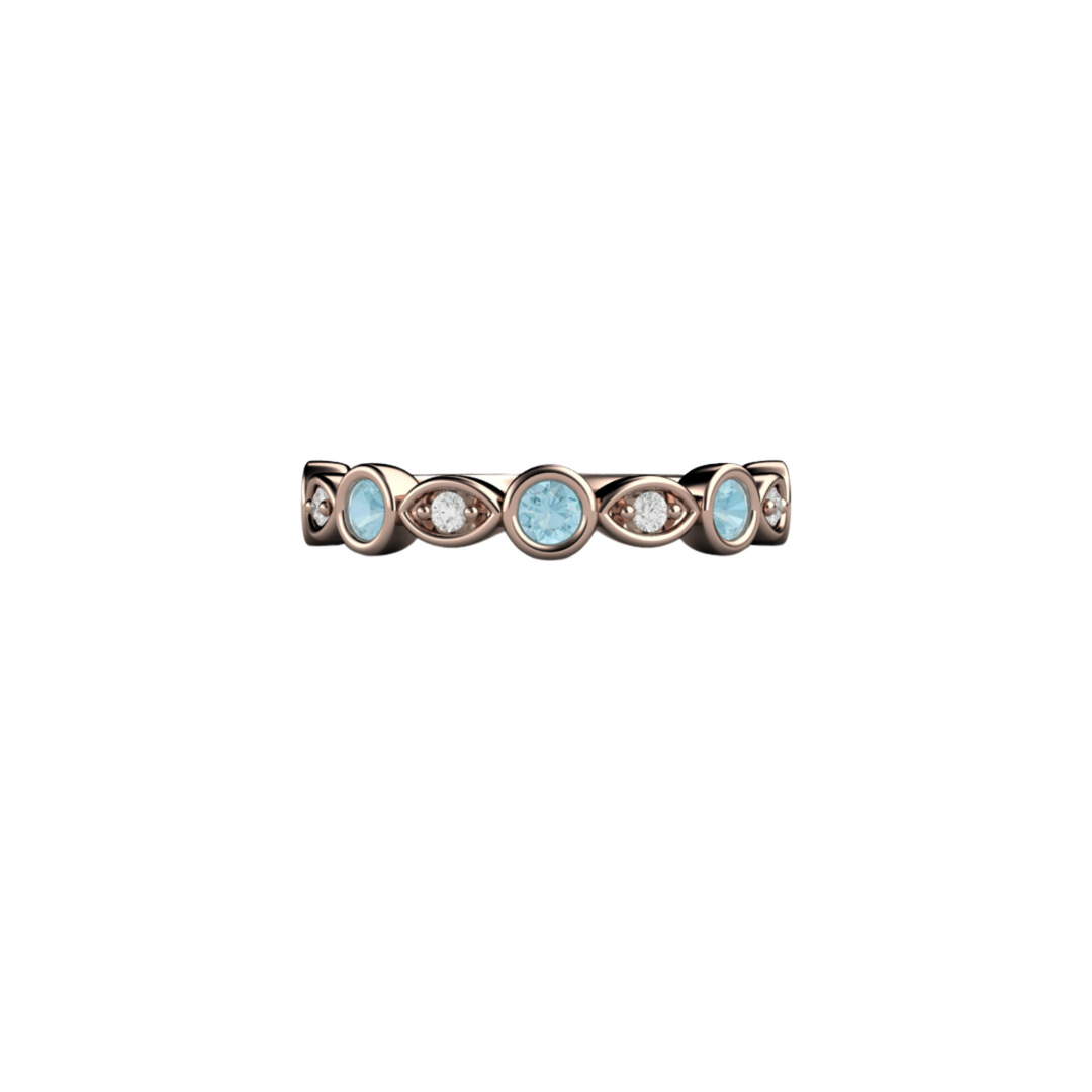 Natural Aquamarine Ring with Diamonds, Aquamarine Stacking Ring March Birthday Gift in 14K Rose Gold