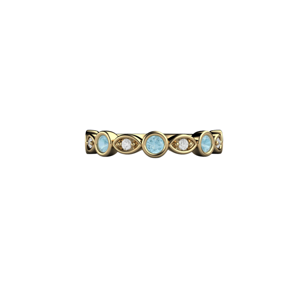 14K Aquamarine and Diamond Band Unique Wedding Ring or Anniversary Band in Yellow Gold