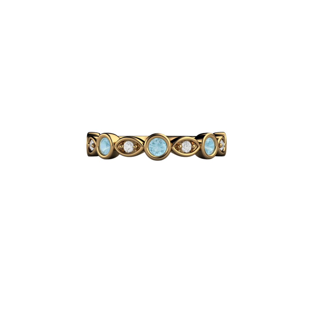 18K Yellow Gold Aquamarine and Diamond Ring, Wedding Band March Birthstone Ring