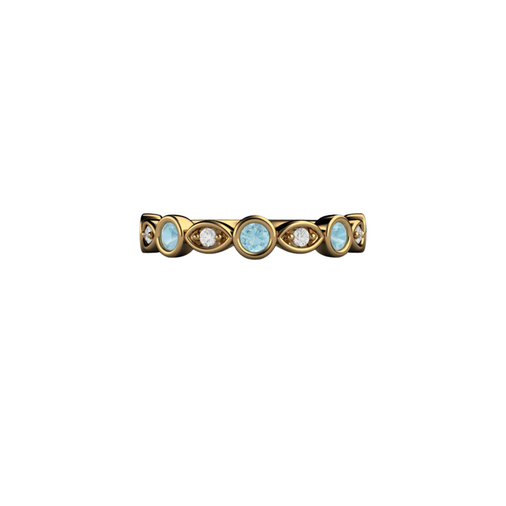 18K Yellow Gold Aquamarine and Diamond Ring, Wedding Band March Birthstone Ring
