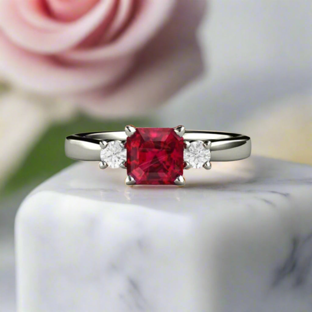 Asscher Cut Ruby Engagement Ring, Three Stone Ruby Ring with Diamond Accents, July Birthstone Trio Ring | Rare Earth Jewelry