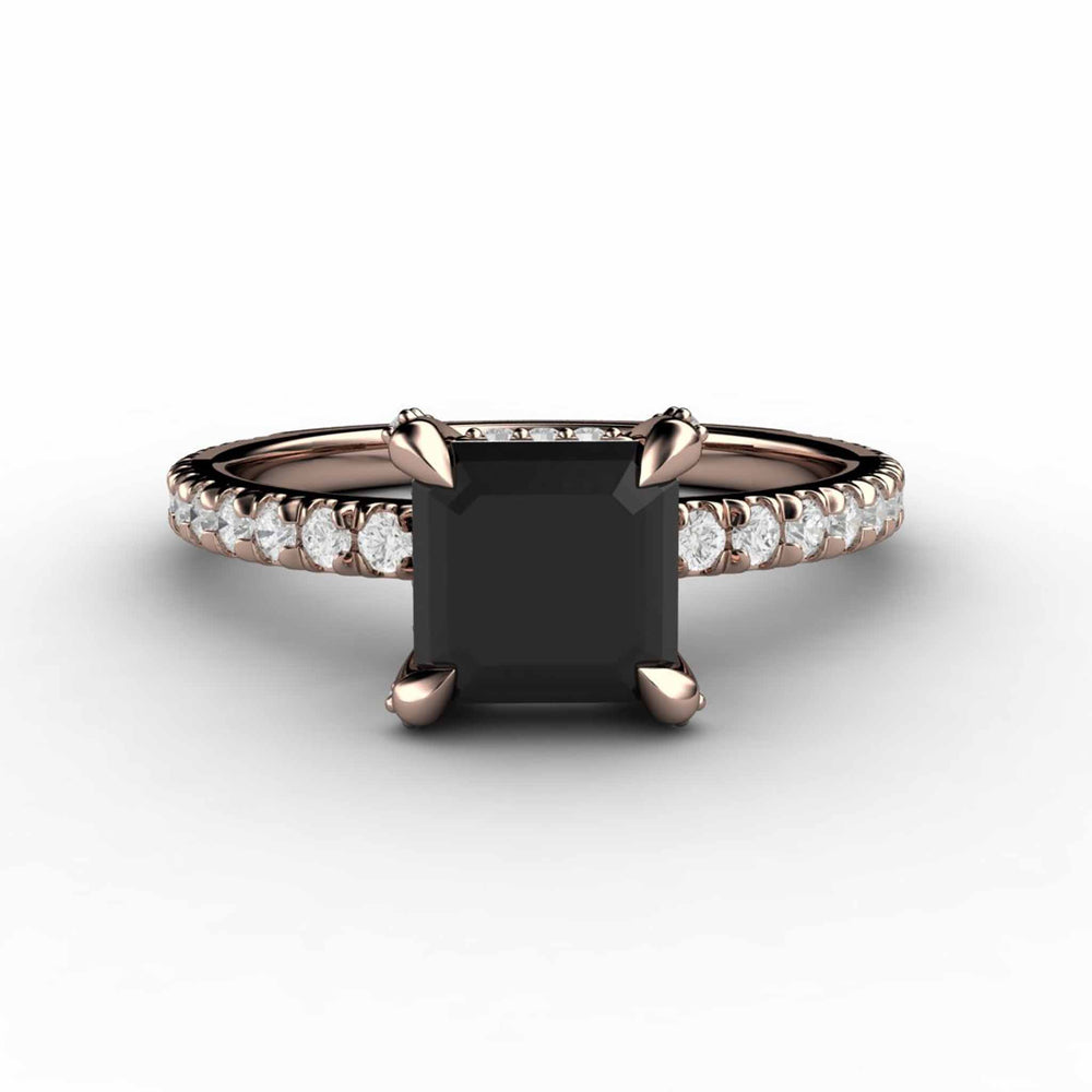 Princess Cut Black Diamond Engagement Ring | Solitaire with Pave Accents, Rare Earth Jewelry