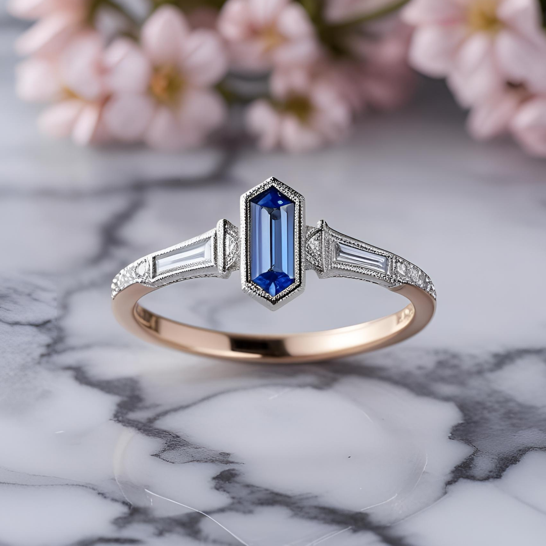 Blue sapphire baguette ring with a bold but dainty Art Deco and Edwardian inspired design with tapered diamond accents, hexagon-cut center and milgrain detailing. Unique Custom Engagement Rings | Rare Earth Jewelry