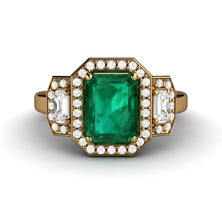 Large Emerald Engagement Ring 3 Stone with Lab Created Diamond Halo, Rare Earth Jewelry