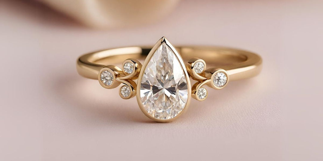 Custom pear-shaped diamond engagement ring in yellow gold with accent diamonds. One-of-a-kind, handcrafted, and ethically made by Rare Earth Jewelry.