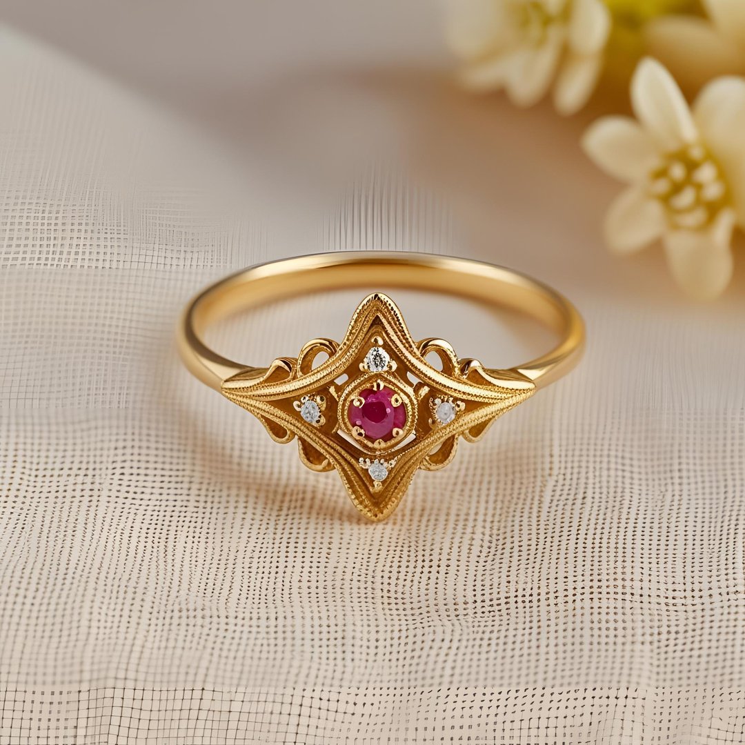 Dainty ruby ring with scrollwork and diamond accents, gold ruby engagement ring with delicate openwork, vintage-inspired ruby and diamond ring, romantic and feminine ruby ring, Antique Style Custom Rings | Rare Earth Jewelry