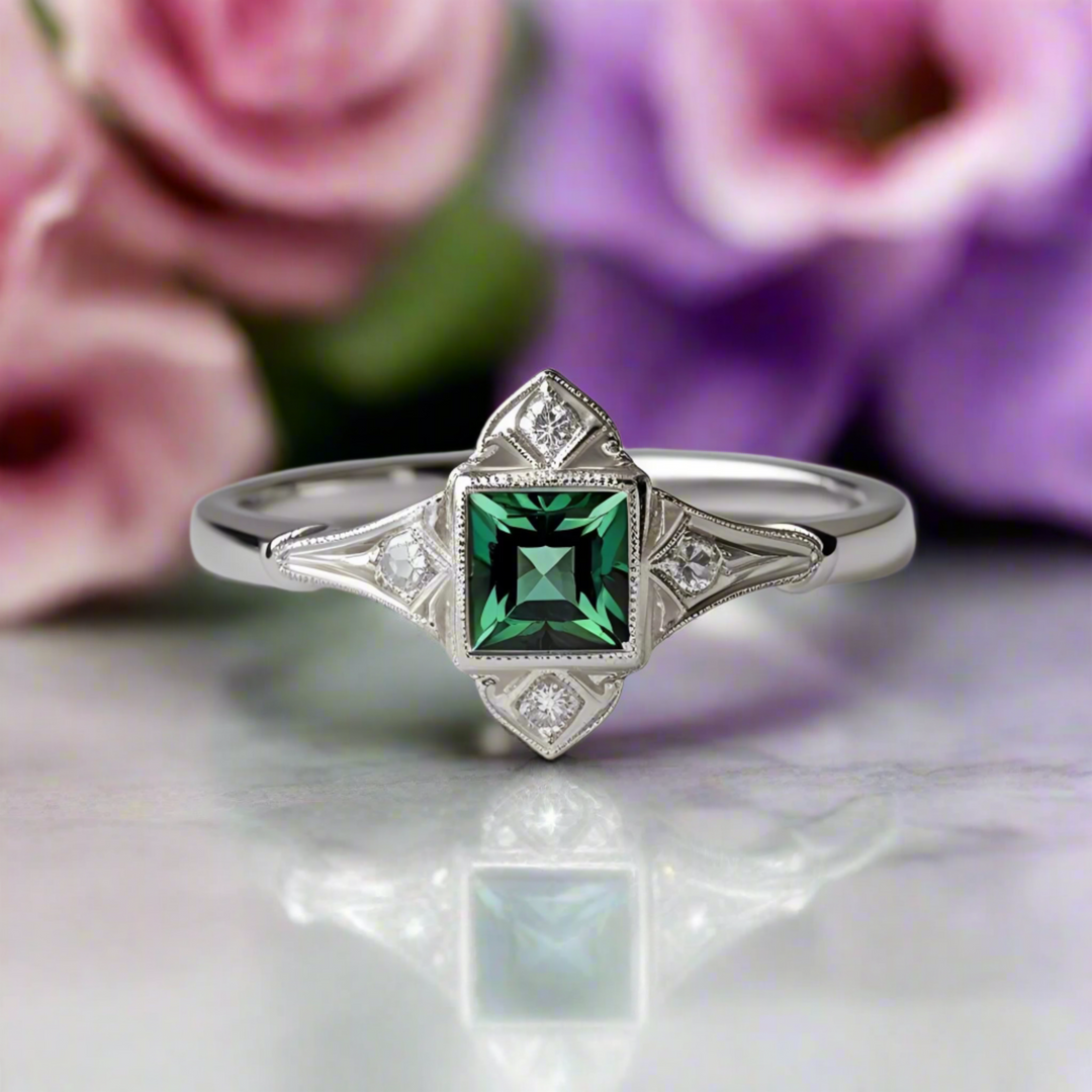Edwardian style Alexandrite and diamond ring, bezel setting with vintage milgrain detailing and geometric art deco influences | Unique Antique Style Engagement Rings from Rare Earth Jewelry