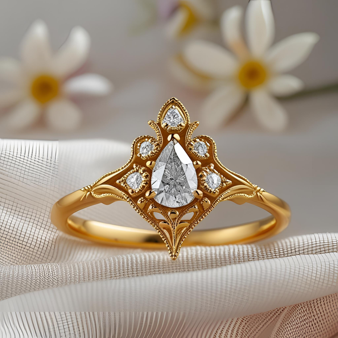 Pear cut diamond ring with vintage inspired filigree and milgrain, decorative diamond accents, and romantic Edwardian style detailing | Custom Vintage Style Engagement Rings | Rare Earth Jewelry