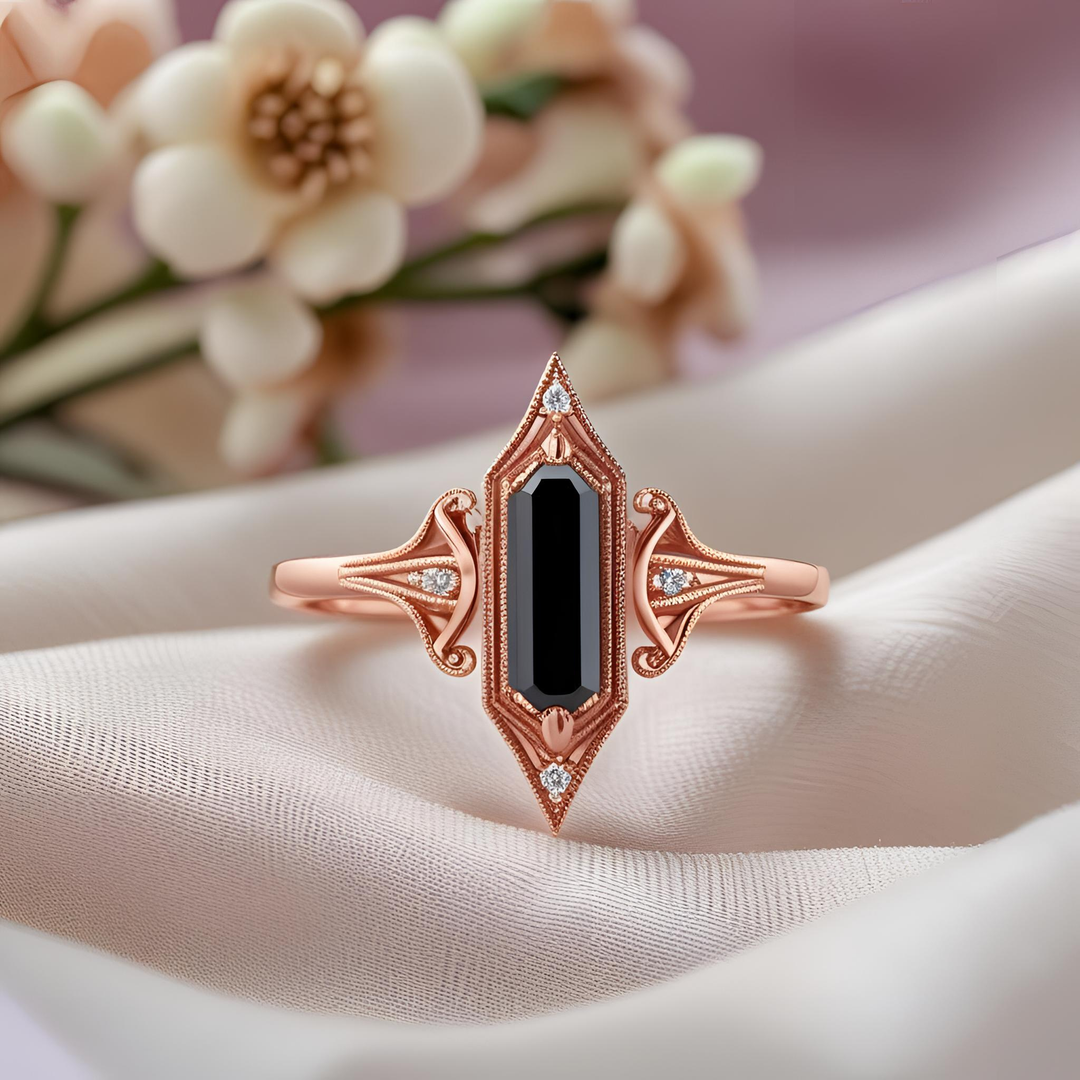 Elongated black diamond ring with Victorian and Edwardian-inspired design, intricate scrollwork, antique-style detailing, and bold geometric silhouette. Unique Custom Engagement Rings | Rare Earth Jewelry