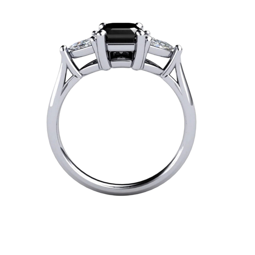 Black Diamond Engagement Ring 3 Stone with Diamond Trillions, Rare Earth Jewelry