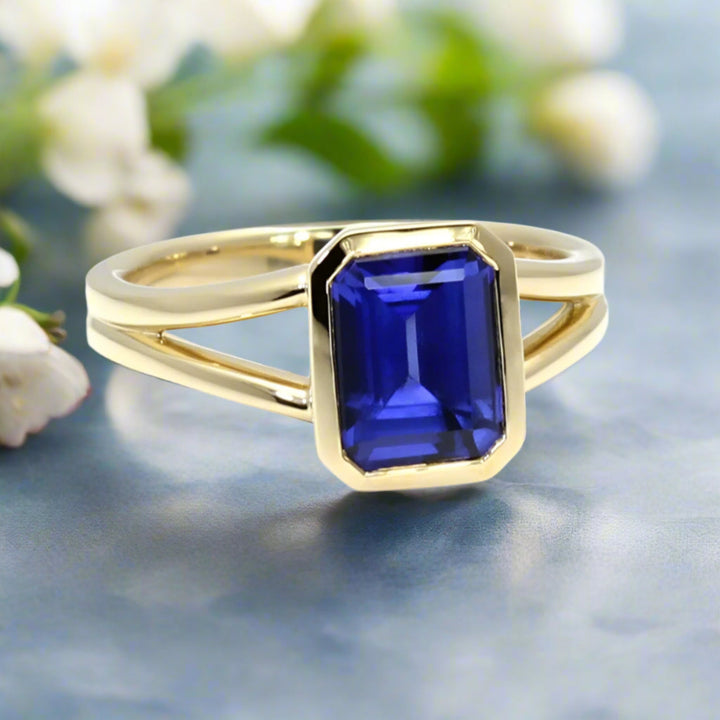Emerald Cut Blue Sapphire Engagement Ring, Bezel Set Blue Sapphire Solitaire Ring with Split Shank Double Band, September Birthstone Jewelry | Rare Earth Jewelry