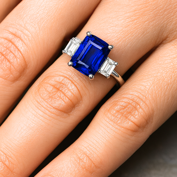 Emerald Cut Blue Sapphire Engagement Ring, Three Stone Sapphire Ring with Lab Grown Diamond Accents, Close Up of Ring on Finger | Rare Earth Jewelry