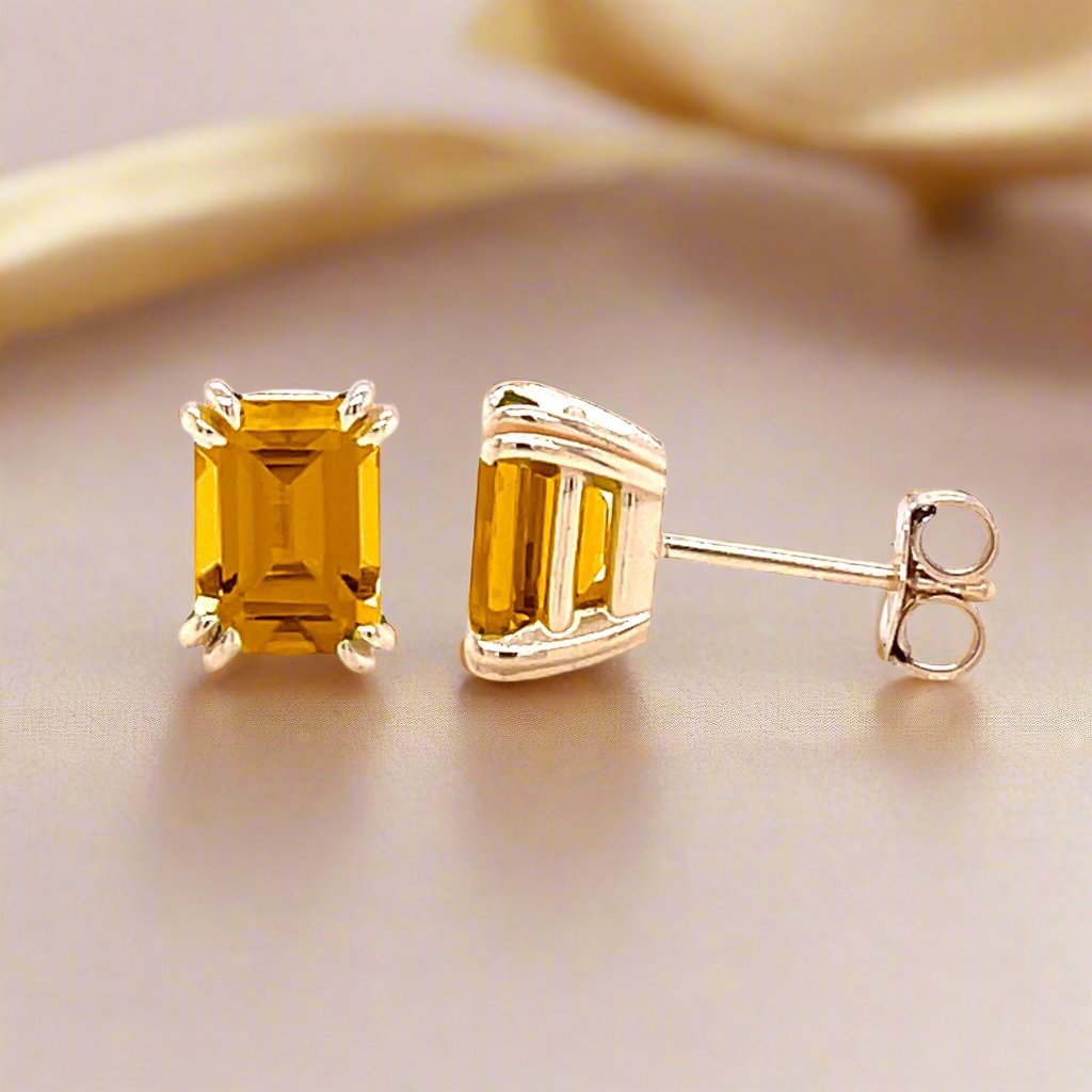 Emerald Cut Citrine Studs | 14K Gold Citrine Earrings, Rare Earth Jewelry